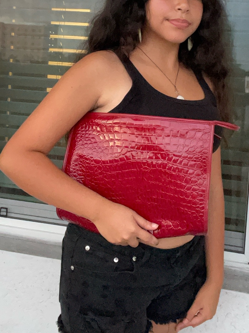 Lancome Glossy Red Croc-Embossed Wristlet Clutch